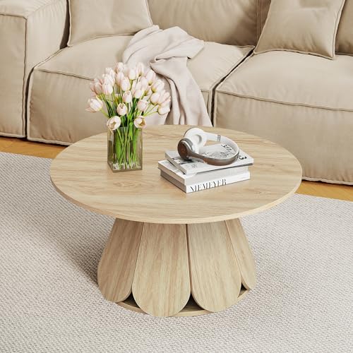 Image of Round Coffee Table, Modern Farmhouse Wood Circle Center Table with Pedestal Base for Small Space, Living Room, Apartment, Natural