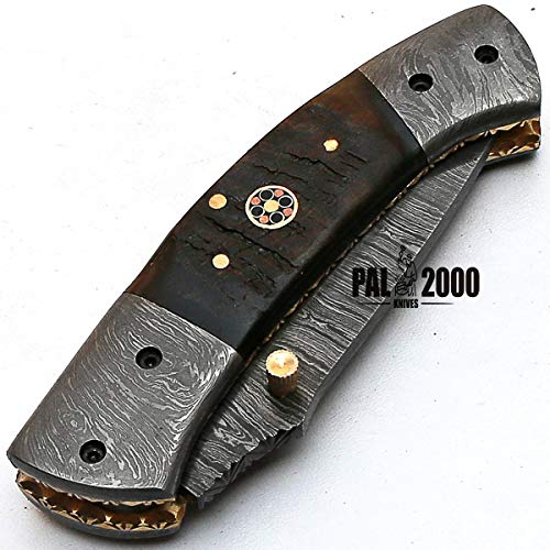 Mm-jr-8851, Custom Handmade Damascus Steel Folding Knife - Ram Handle - Knife With Sheath - also make, Damascus Knives, Swords, Full Tang Knifes, hunting Bushcraft bowi nife, Viking Axe - Thumbnail 7