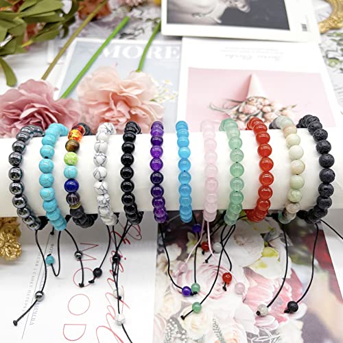 12 PCS 8mm Semi-Precious Gemstone Bracelet Set Crystal Stone Bracelets for Men Women Round Beaded Adjustable Macrame Bracelets 5
