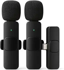 Kit 2 Microfones Lapela Sem Fio Compatível com Android e iPhone Tipo C 20m Vídeo Live YouTube Premium