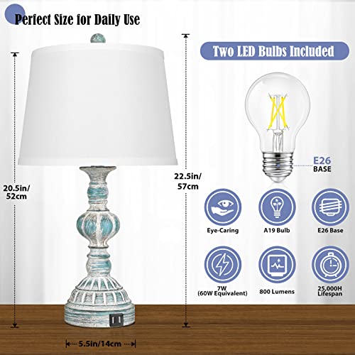 Farmhouse 3-Way Dimmable Touch Table Lamps With 2 Usb Ports, Set Of 2 Coastal Bedroom Bedside Reading Lamps, Modern Rustic Nightstand Desk Lamps For Living Room In Washed Blue, Led Bulbs Included #TOP5