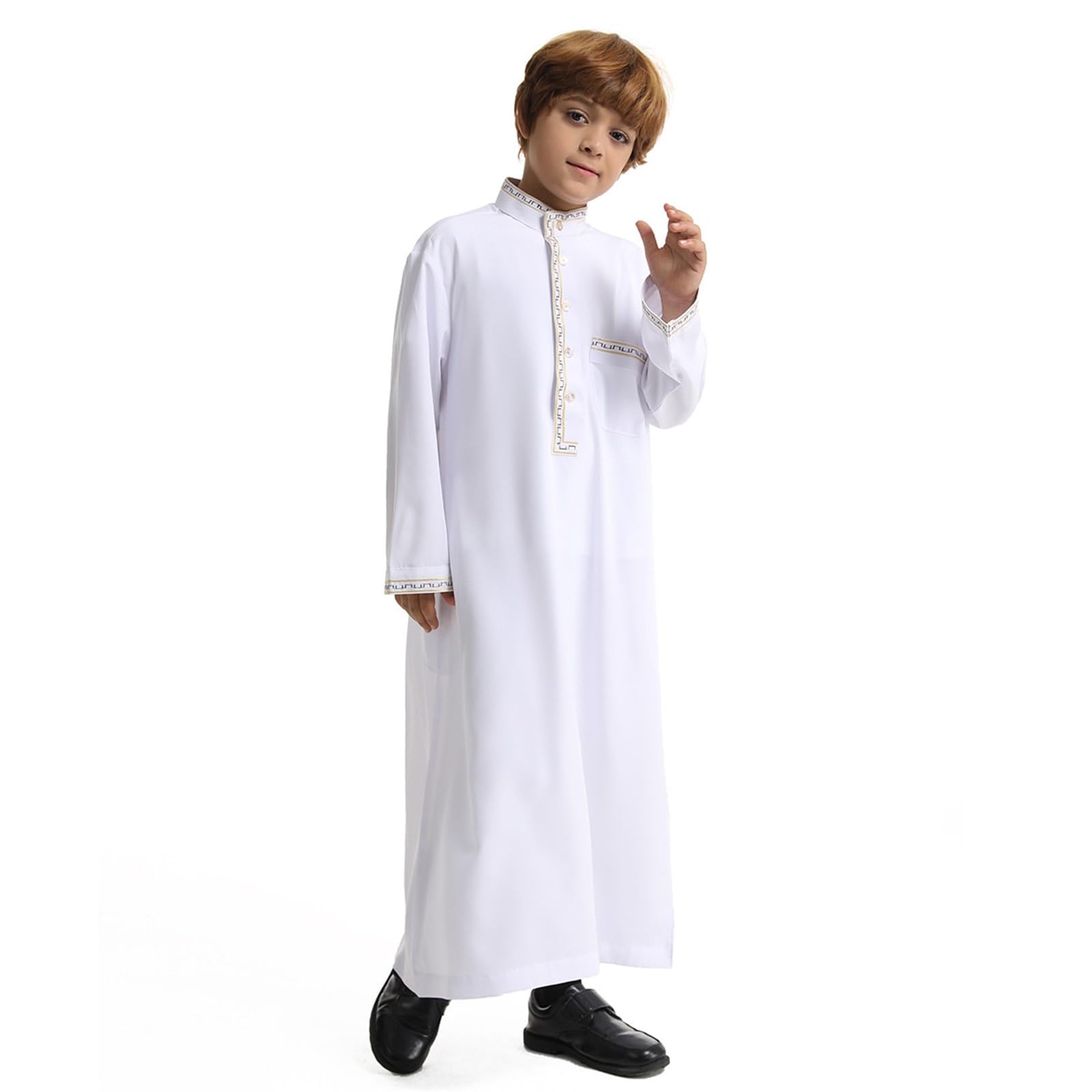 Eid ubrania dla chłopców biała Thobe muzułmańska szata z długim rękawem zapinana na guziki chłopcy Jubba z kieszeniami kaftan haftowana odzież narodowa Abaya dla dzieci na prezenty Eid i piątkowe