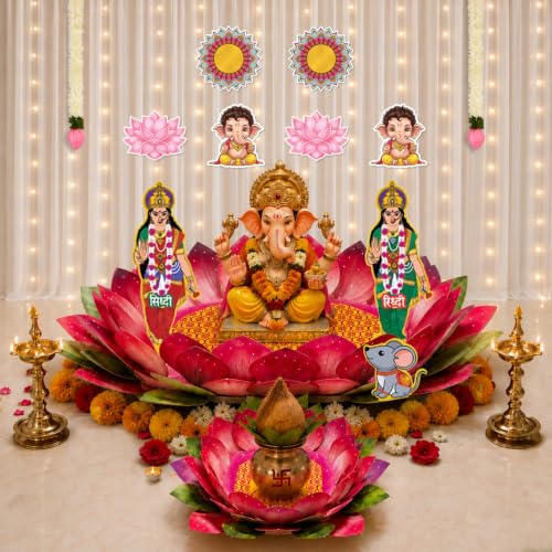 Image of Party Propz Ganpati Decoration Setup for Home - 25 pcs DIY Paper Lotus Makhar (Set of 2 Small & Big Lotus) with Cutouts, White Net Curtain & Light, Lotus Bud Hanging, Varalakshmi, Janmashtami Decor