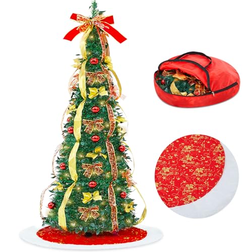 Knitgrip 6ft Pop up Christmas Tree with Light Pre-lit Tree Collapsible Artificial Christmas Tree with 1 Storage Bag 1 Tree Skirt 150 Warm White & Colorful LED Lights for Xmas Home Decorations