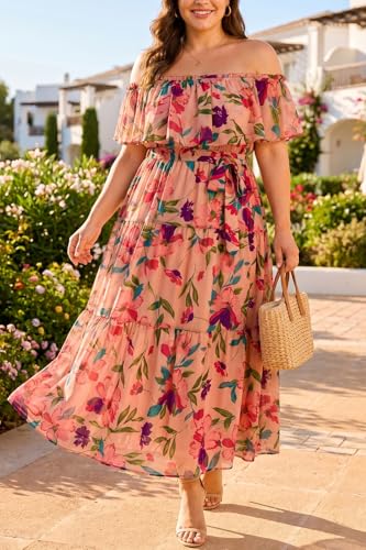 Image of Plus Size Chiffon Off The Shoulder Maxi Long Floral Summer Casual Beach Boho Sundress Women 2024