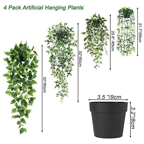 Jpsor Fake Hanging Plants 4 Pack Artificial Hanging Plants Fake Potted Greenery Faux Eucalyptus Vine, Mandala Vine, Pothos Ivy For Home Wall Shelf Patio Garden Indoor Outdoor Decor #TOP1