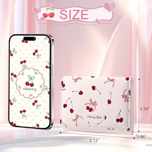 Sunwel Fashion Girls Cute Cherry Print Coquette Bow Wallet Small Wallet Card Holder ID Window for Women (PINK)3