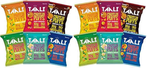 Image of Taali Roasted Protein Puffs Combo | Goodness of Jowar & Corn | Snack | 60g each (Pack of 12) | Masala, Cheese Balls, Smoky Barbeque, Korean, Pudina, Cream & Onion