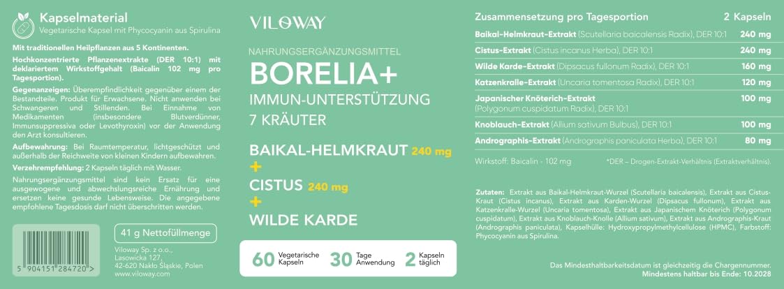 Borelia+ 7-Kräuter Komplex hochdosiert - Zistrose, Baikal-Helmkraut, Andrographis, Katzenkralle, Wilde Karde & Polygonum - DER 10:1 Extrakte mit Baicalin - 60 vegane Kapseln
