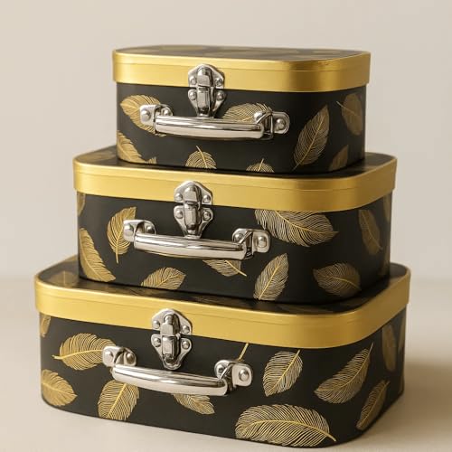 Image of Oasis Pack of 3 Premium Trunk Style Gift & Flower Hamper Boxes With Handle | Classic Bouquet Box for Flower Arrangements & Gift Hampers | Decorative Gift Packaging Box - Brown & Gold