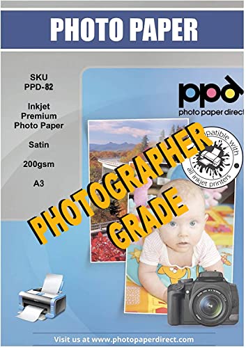 PPD Inkjet - A3 x 50 Hojas de Papel Fotográfico Satinado 200 g/m² - Calidad Profesional - Secado Instantáneo - Para...
