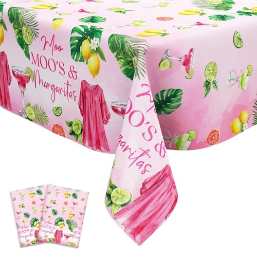 kreat4joy 2pcs Moo Moos and Margaritas Decoration Table Cloth 108*51.2in Plastic Table Covers Rose Red with Cocktail Lemon for Birthday or Bachelorette Fiesta-Inspired Cowgirl Theme Table Decoration