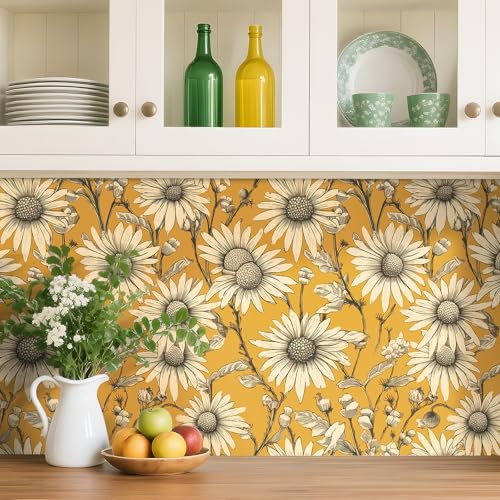 Papier peint floral jaune moutarde adhésif mural vinyle lavable pour décoration chambre