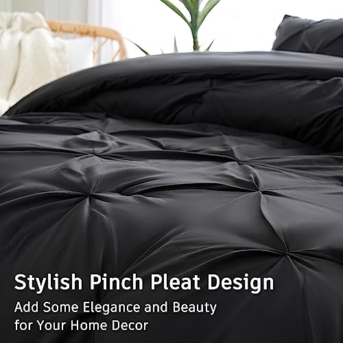 Downcool Queen Comforter Set - 3-Piece Bedding Sets Queen, 1 Pinch Pleated Comforter And 2 Pillowcases, Black Comforter For Queen Size Bed, Soft Bedding Comforters & Sets For All Season #TOP1