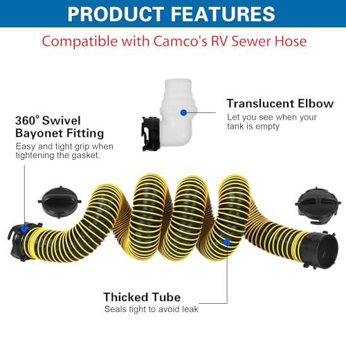 Image of 20FT RV Sewer Hose, EXTREME Heavy Duty 24 Mil TPE Material for Abrasion Resistance and Crush Protection, Camper Sewer Hose Kit with Pre-Attached Bayonet Fittings, 4-in-1 Adapter Elbow, Yellow