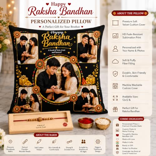 Image of Personalized Photo Pillow 12x12 Inch Cushion with Cover & Filler - Custom Gift for Birthday, Anniversary, Couple, Girlfriend, Boyfriend, Husband, Wife, Friends. (RakhiPilow-03)