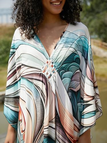 Image of IMAGEKOPE Women's Plus Size Animal Print V-Neck Batwing Kaftan Beach Dress Bathing Suit Cover-Up Loungewear