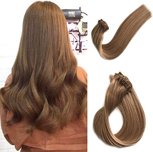Hair Extensions Clip in Human Hair for Black/White Women Real Remy Hair Extensions Clip on Double Weft Full Head Glueless Soft Silky Straight Long Natural 70g 7pcs 16 Clips Golden Brown 22 Inch