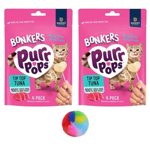 Bonkers Purrpops Tip Top Tuna Flavor Lollipop Freeze-Dried Cat Treats 4 Count, 2 Packs, Plus 1 Cat Pom Pom Balls Toy