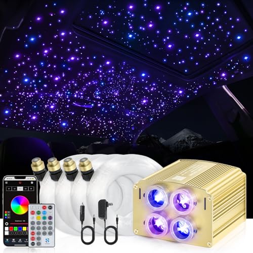 Image of 4 Colors 32W Twinkle Car Starlight Headliner Kit 600pcs*0.03in*13.1ft with APP&RF Remote, RGBW Fiber Optic Ceiling Star Lights, 4 Port Engine Sound Activated Star Roof Lights for Car Home Theater