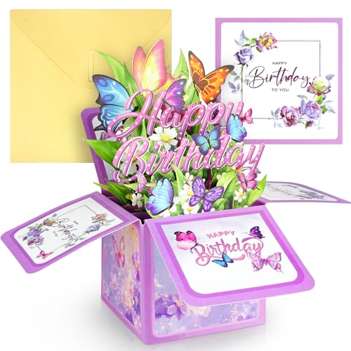 Vicloon Tarjeta de felicitación 3D emergente, tarjeta de felicitación desplegable de mariposa, tarjetas de cumpleaños 3D emergentes con sobre y tarjetas de mensaje, regalo de felicitación de