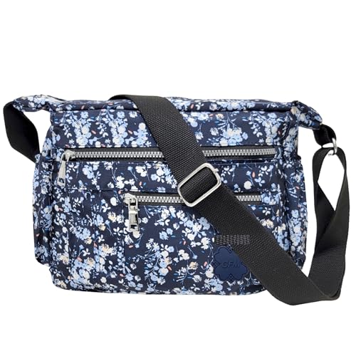 Image of GFM® Nylon Crossbody Bag – Lightweight Waterproof Across Crossover Over Shoulder Cross body Medium Holiday Travel Bag Multiple Zip Pockets -S1-Small Flowers-Navy Blue-(NCB2)(JY)(NCB-1503-FLR-SML-GHNL)