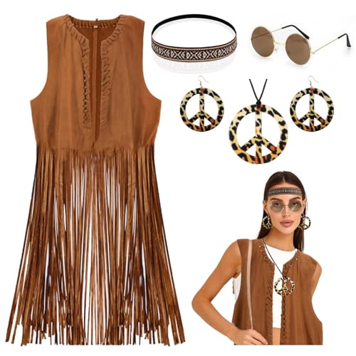 Amazluck 70s Fancy Dress Women, Hippie Costume Women Hippy Fancy Dress for Women Hippie Accessoires Tassel Waistcoat Women Quastenwesten für Damen 70er Jahre Maskerade Damen-Quastenwesten