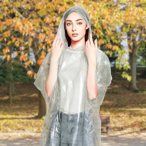 Image of ABC PACK & SUPPLY Disposable Rain Ponchos for Adults, Clear Hooded Rain Poncho, One Size, Polyethylene 0.02mm, Individually Wrapped, Bulk Pack of 200