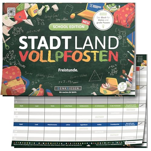 DENKRIESEN - Stadt Land VOLLPFOSTEN - School Edition | DIN A4 Spielblock | Ab 9 Jahren | Stadt Land Fluss | Familienspiel | Lustiges Blockspiel für die ganze Familie | Perfekt für die Schulzeit