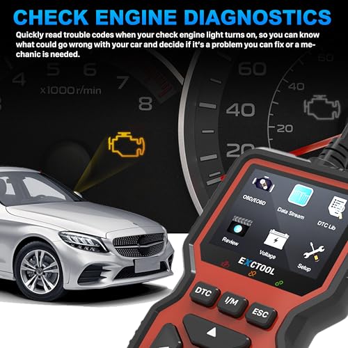 Exctool Car OBD2 Scanner Diagnostic Tool Vehicle Check Engine Light Code Reader with Reset, Live Data and Full OBD II Modes Compatible with Model Year 1996+ Cars & Light Trucks