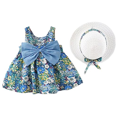 MAMIMAKA Baby Girl Sleeveless Bow Princess Dress Blue Flower Cute Print Sundress for 2-3 Years
