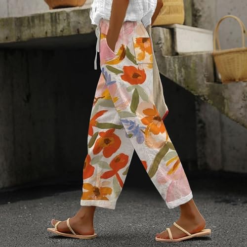 LCMTWX White Linen Pants Women 2025 Drawstring Pants Capri Pants 2025 Pants with Pockets Wide Leg Cropped Pants Linen Pants2