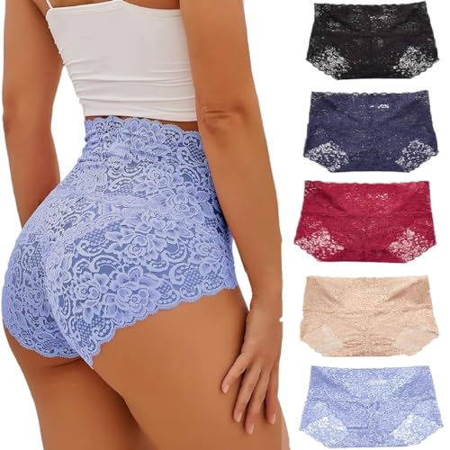 Havejoy Bragas Elasticas Mujer Tiro Alto Braguitas Brasileñas de Encaje Color Sólido Culotte Cintura Alta Talla Grande Calzoncillos Slip Hipster Panties Ropa Interior Cómodas y Suaves Pack de 5