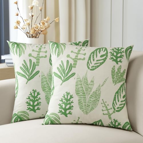 HPD Half Price Drapes Textured Cotton Printed Cushion Pillow Covers (Set of 2) - Decorative Throw Pillow Covers 18x18 Inch for Bedroom and Living Room - Palm Beach Green