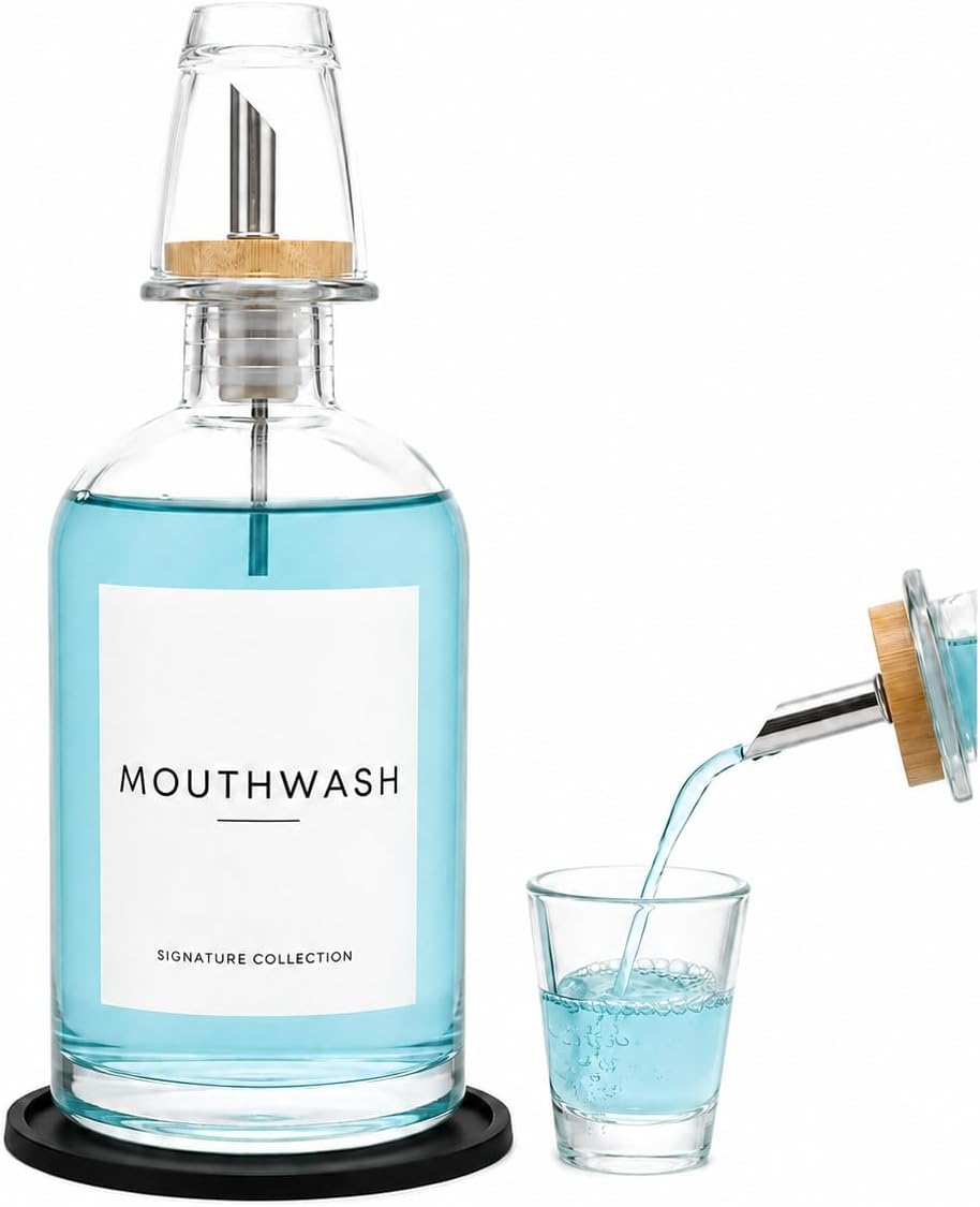 Mouthwash Dispenser for Bathroom - Glass Mouthwash Container (12.7 oz) with Bamboo Stainless Steel Spout, Mouthwash Cup, Silicone Base, 4 Mouthwash Bottle Labels