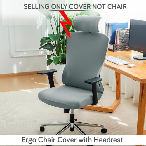 Image of HOKIPO 'SereneSolids' 140 GSM Office Chair Cover with Headrest (High-Back) - 140 GSM Stretch Fabric - Washable, Anti-Slip Fit for Ergonomic Mesh Office Chairs, Smokey Grey (AR-5369-SGRY)