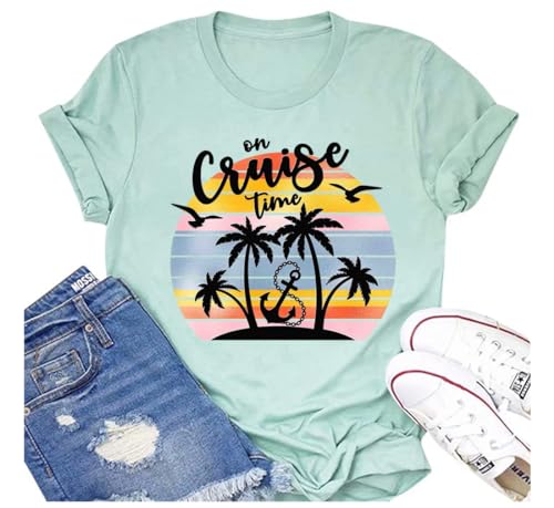 On Cruise Time T-Shirt Women Coconut Tree Graphic Tees Summer Vacation Shirt Beach Praty Tops Family Cruise Shirts
