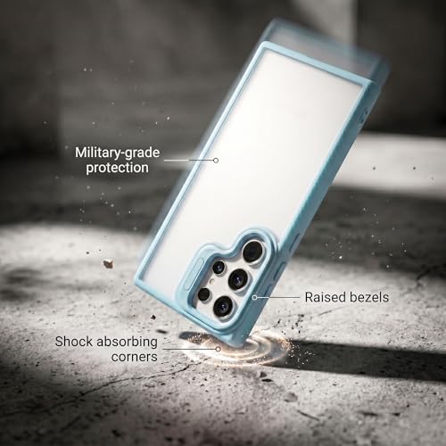 Image of amazon basics Frosted Matte Case for Samsung Galaxy S24 Ultra 5G | Built-in Flip-Out Camera Lens Stand | Translucent Back with Contrast Blue Bumper | Shockproof Protective Cover