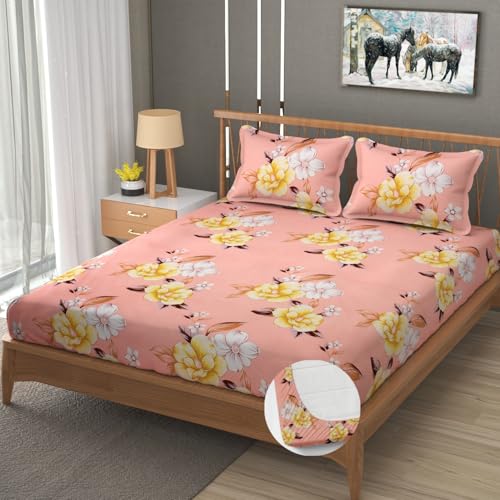 Image of Premium Heavy Cotton Elastic Fitted Bedsheets with 2 King Size Pillow Covers || Double Bed with All Around Elastic 350 TC || 72 x 72 x 10 Inch Queen Size Fitted || - Baby Pink Flower
