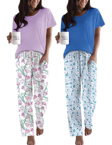 Image of Ekouaer 2 Pack Pajamas for Women Set Short Sleeve Pj Top and Printed Pants | Soft PJs Cozy Printed Lounge Sets Comfy Sleepwear with Pockets