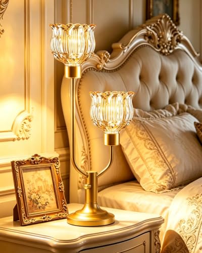 Image of Lightdot Mid Century Modern Table Lamp Dimmable Vintage Gold Glass Lamp | Nightstand Lamp Amber Glass Desk Lamp Bulbs Included Warmwhite Ambient Bedside Lamps for Bedroom Living Room Home Decor Gift