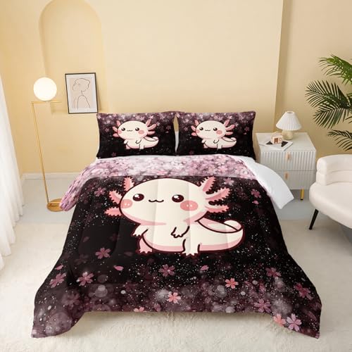 Image of QOOMO Kawaii Axolotl Kids Comforter Set Full Size,Cute Animal Print Bedding Set for Boys Girls Room Decoration,Pink Bed Set Microfiber Lightweight All Season,1 Comforter Set 2 Pillowcases