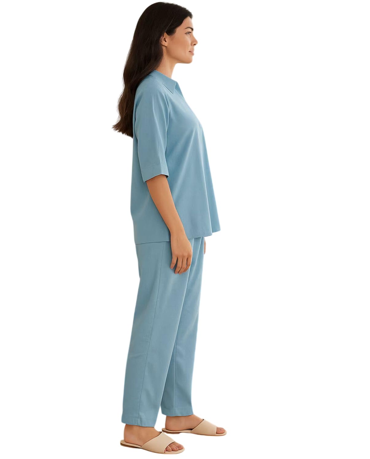 F2G FASHION Women's Solid Cotton Blend Co-Ord Set | Casual Notch Collar Tunic Top with Matching Straight Pant | Comfort Fit 2-Piece Outfit for Women-picture-32