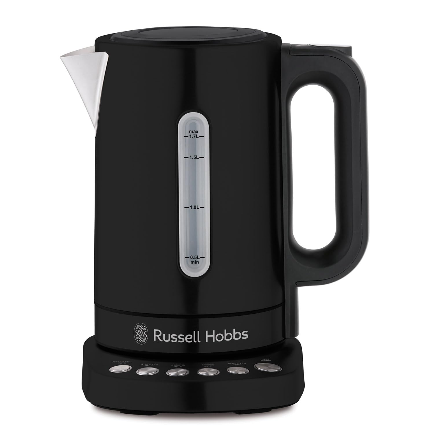 Russell Hobbs Variable Temperature Kettle, Addison Matte Black, 5 Pre-sets, LED Display, 360 Base, Temp from 70-100°C Including Keep Warm Function, 1.7L Capacity, 3000W