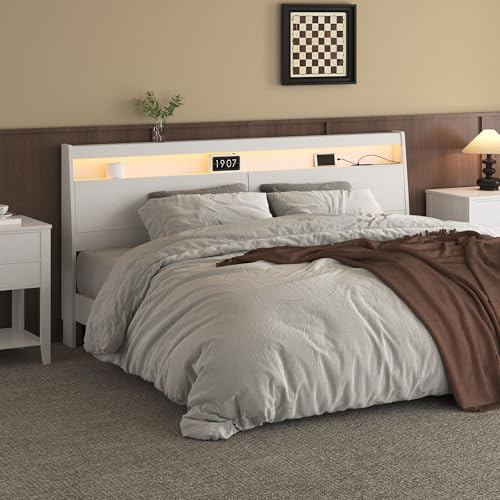 KATYGLORY Modern Wooden Headboard with Storage, LED Light, Power Outlets, 2 USB Ports, Black...