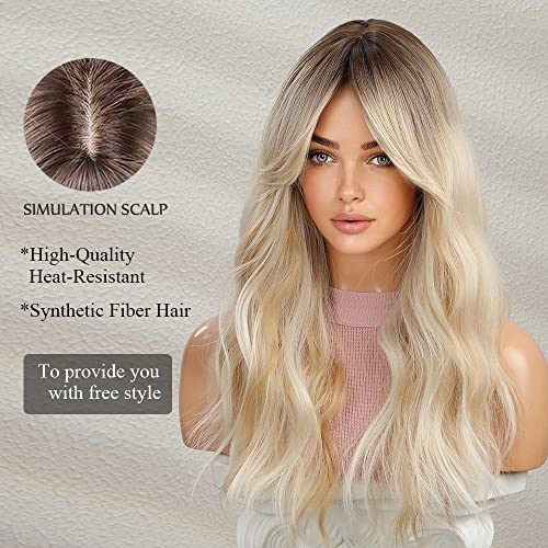 OUFEI Blonde Wigs for Women Long Curly Wig With Bangs Wavy wig with Dark Roots Natural Synthetic Hair for Daily Party Cosplay Wear-24 Inches - Image 3