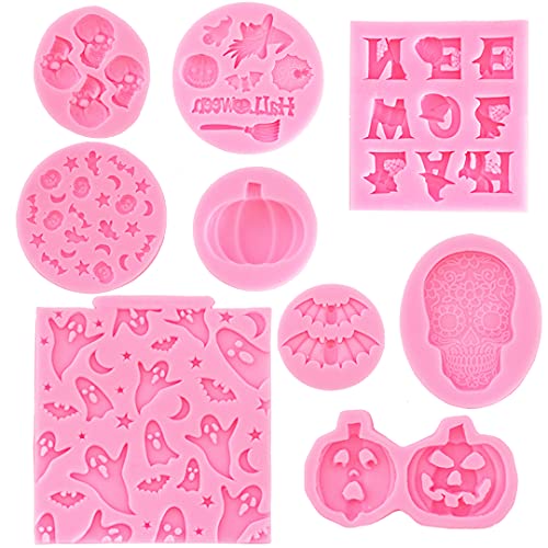 Mini Halloween Fondant Molds 9-Piece Pink Polymer Clay Molds, Non-stick Silicone Molds for Cake Decorating - Skull Pumpkin Spider Ghost Bat Witch