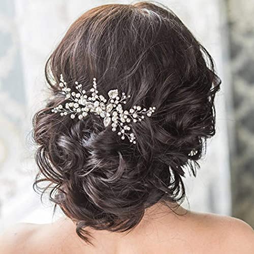 Unicra Silver Bride Wedding Hair Comb Pearl Bridal Hair Piece Rhinestone Hair Accessories for Women and Girls - Thumbnail 5
