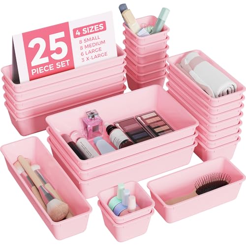 25 PCS Plastic Drawer Organizers Set, 4-Sizes Vanity and Makeup Organizer, Desk and bathroom Drawer Organizer Trays, Organizers and Storage for Makeup, Jewelry, Gadgets, Utensils (Pink)