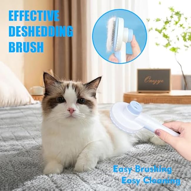 Grooming Brush Kit - 5pcs for Shedding & Matted Fur, Self-Cleaning with Flea Comb for Indoor Long-Haired Cats, Blue-485EK6nJ